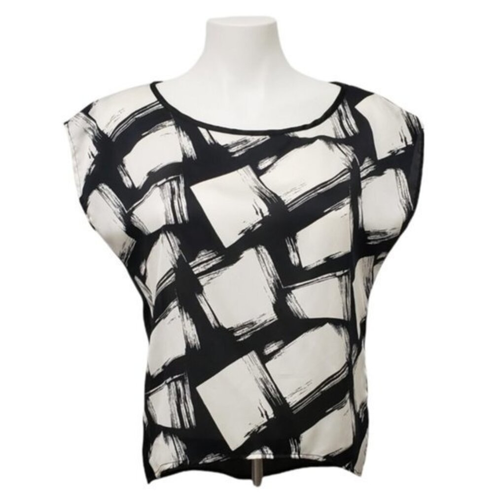 RHEEA & CO Black white abstract cropped boxy short sleeve top S